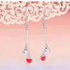 Real 925 Sterling Silver Tiny Heart Earrings Hanging Chain Minimal Red Danging Earing Brincos Perola Pendientes SE058 Hoop & Huggi211d