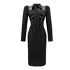 Casual Dresses Spring Midi For Women 2023 Elegant Fashion Black Slim Fit Dress Bow Bandage Robe Party Feast Office Lady Clothes Vestido