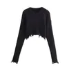 Women's Sweaters TRAFZA Autumn Fashion Woman's Knitting Top O-Neck Long Sleeve Frayed Hole Decorate Pullover Female Elegant Short Sweater 4