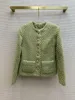 Kadın Ceketleri Kaba Tweed Yuvarlak Yuvarlak Yeşil Kat Yün Kumaş