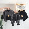 Clothing Sets Spring 2022 new children's sports leisure hooded set boy and girl baby black cartoon pocket bear sweater splicing set 231019