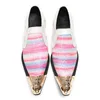 Luxury Handmade Men Shoes Gold Iron Toe Pink White Striped Leather Dress Shoes Man Business Party Wedding Shoes Big Size
