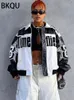 Женские куртки BKQU Y2k Американская искусственная кожа Женская контрастного цвета в стиле пэчворк с буквенным принтом на молнии Мотоциклетная гоночная куртка Пальто 231018