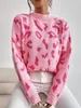 Suéter feminino LW rosa caído ombro animal decoração suéter gola redonda pulôver de malha oversized tops crochê leve casual outono