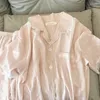 Pijamas femininos rosa pijamas verão algodão linho shorts de manga curta terno doce renda cardigan pode ser usado fora da casa wear
