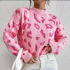 Suéter feminino LW rosa caído ombro animal decoração suéter gola redonda pulôver de malha oversized tops crochê leve casual outono