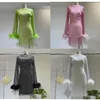 Casual Dresses Elegant Crystal See Through Fishnet Embellished Mini Pink Nightclub Dress Long Sleeve Feather Mesh248F