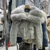 Futra damska sztuczna moda z długim rękawem dżinsowy płaszcz żeńska zimowa duża kołnierz zszywanie w dół piórki Parka Women 231018