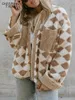 Womens Wool Blends Charmingtrend Winter Women Warm Faux Fur Coat Plaid Print Long Turn Down Collar Plush Classic Loose 231018