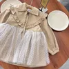 Coat Girl Korea Style Trench Children Mesh Patchwork Princess Loose Coats Baby College Khaki Topps Kids Clothes WZ825
