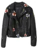 Jaquetas femininas faux jaqueta de couro macio mulheres floral impressão bordado casaco feminino preto punk zíper rebite outerwear casual pu motocicleta