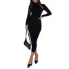 Casual Dresses Kimydreama Women Elegant Ribbed Knit Midi Dress Long Sleeve Turtleneck Cutout Front Bodycon Party Streetwear