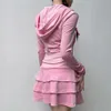 Dwuczęściowa sukienka Houzhou Pink Velvet Set for Women Y2K Zip Up długie rękawie z kapturem Kawaii koronki Laceup Spódnica Autumn Winter 231018