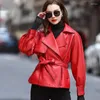 Women's Leather Red Jacket Spring Autumn Fashionale Genuine Tops Short Sheepskin Motorcycle Coats Belt Coat