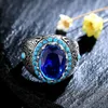 Anéis de cluster 925 anel de prata esterlina luxo safira azul escuro zircão pedra para homens mulheres gemstone jóias finas presente2791