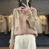 Women's Knits Autumn And Winter Pure Wool Cardigan POLO Neck Color Matching Cashmere Sweater Loose Knit Coat