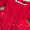 Robes de fille Noël 6M-5Y enfants filles robe vêtements dentelle garniture paillettes étoiles lune couches Tulle Flare manches longues avec bandeau