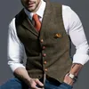 Men's Vests Mens Suit Vest Notched Plaid Wool Herringbone Tweed Waistcoat Casual Formal Business Groomman For Wedding Green B263i