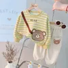 Clothing Sets 0-4-year-old spring and autumn baby cartoon bear long sleeve suit boys' striped sweater pants two-piece casual simple sportswear 231019