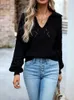 Suéteres femininos Boho inspirado suéter de malha preto mulheres com decote em v manga comprida oca out jumpers elegantes para outono inverno