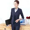 Women's Two Piece Pants Formal Female Blazer Women Business Suits 3 Vest Pant Jacket Sets Office Ladies Work Uniform OL Pantsuits Navy Blue