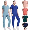 Calças femininas de duas peças, cor sólida, spa, com rosca, ternos de trabalho, tops unissex, uniforme de enfermagem para animais de estimação, entrega direta