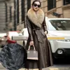 Kvinnors skinnjacka 2023 Sheepskin Löstagbar tvättbjörn pälskrage Down Coat Office Lady Long Elegant Sashes Slim äkta Jacke