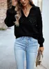 Suéteres femininos Boho inspirado suéter de malha preto mulheres com decote em v manga comprida oca out jumpers elegantes para outono inverno