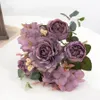 Faux blommor grönare konstgjorda blommor retro siden rosbukett hortensia pion vintage brud som håller falska växter hem bröllop dekoration tillbehör 230819