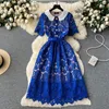 Casual Dresses Runway Designer Luxury Lace Party Dress Vintage Lapel Short Sleeve Belt Summer Dress Gold buttons Hollow Out A-line299Z