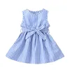 Girl Dresses Toddler Kids Girls Infant Sleeveless Lace Bowknot Stripe Prints Princess Dress Fall Blue Flower