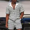 Men's Tracksuits Men's Casual Set Vintage Checked Plaid Short Sleeved Lapel Shirt Beach Suit Fashion Loose Pockets Male Shorts Outfits Streetwear 231018