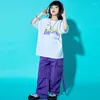 Stage Wear Enfants Concert Hip Hop Vêtements Oversize Tshirt Street Purple Pantalon Cargo Pour Fille Garçon Jazz Costumes De Danse Tenue Montrant Des Vêtements