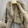 Mulheres pele do falso plus casacos de inverno com gola real genuína pele de coelho e jaqueta de couro fino feminino outerwear roupas 231018