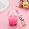 Cute Mini Pearl Milk Tea Cup Key Chain Trendy Funny Moon Buckle Keychains Car Pendent Bag Accessories Keyring for Women Gift