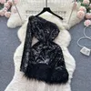 Casual Dresses Women's Fashion Long Diagonal Neckline Sequin Fluffy Patch Work Sexy Ultra-thin Body Dress Retro Vesido Hip Wrap