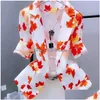 Ternos femininos blazers estampa floral sunsn fino cardigan fino para mulher casaco elegante três quartos senhora do escritório outono jaqueta gota deliv