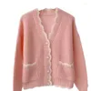 Camisola de malha feminina para mulheres inverno senhoras cardigan com decote em v babados rosa branco kawaii bonito jaquetas de malha soltas botão coreano topos