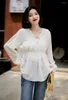 Blusas femininas camisa de algodão sólido vintage o-pescoço senhoras roupas soltas moda dobras mangas compridas primavera/verão topos