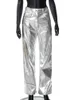 Pantaloni da donna metallizzati gamba dritta PU sexy ZA scintillanti pantaloni a vita alta streetwear costumi di compleanno di lusso 2023 primavera autunno 231018