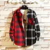 Japan Style Red Patchwork Plaid Shirt Men Autumn Hip Hop Streetwear Casual Flannel Shirts Korean Long Sleeve Chemise Homme 200925252R