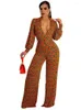 Kvinnors tvåbitar byxor Autumn Winter för tryckt sexig Deep V -hals Jumpsuit mode Slim Wide Leg Simple Elegant Female Officjumpsuit