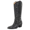 Bottes Vintage mi-mollet femmes strass bout pointu talons épais Cowboy Cowgirls luxe Western chaussons chaussures à la mode femme 231019