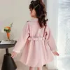 Cappotto 3-13 anni Ragazze Trench doppio petto Moda Colletto rovesciato Abito Capispalla Giacca a vento rosa per bambini