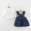 女の子のドレス秋の赤ちゃんドレス女の子の服のための長袖トップカウボーイ0-4年誕生日プリンセス2PCS