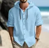 Heren casual shirts zomer linnen overhemd effen streetwear korte mouw hoodie vest kleding voor mannelijke tops losse knop man