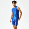 Herrspårar sexiga män silkeslen glänsande tätt transparent väst fempunkt byxor oljiga fitness shorts glansig simning sport yogasträkt plus storlek