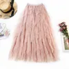 Jupes Tulle longue Maxi jupe femmes mode coréenne mignon rose taille haute plissée Tutu maille femme dame 231019