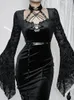 Robes décontractées Y2K Robe moulante Slim Fit Sangle Vêtements gothiques Taille haute Fente Femmes Noir Mode Bell Manches Femme Midi