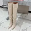 Botas de tacón de aguja para mujer Tobillo de primera calidad Cabeza puntiaguda de color 100% cuero muslo Botas de diseñadores Botas con cordones elásticos elevados Tacones de fiesta de noche de moda